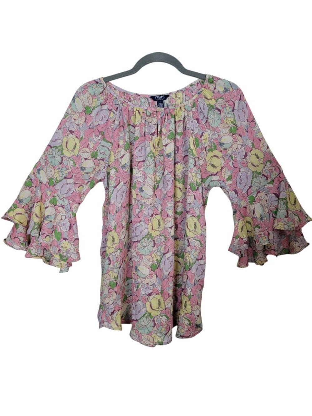Ralph Lauren Chaps Pink Bohemian Ruffle Blouse Floral Relaxed Fit Medium
